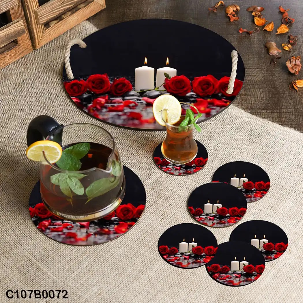 Circular tray set with white candles and red flowers