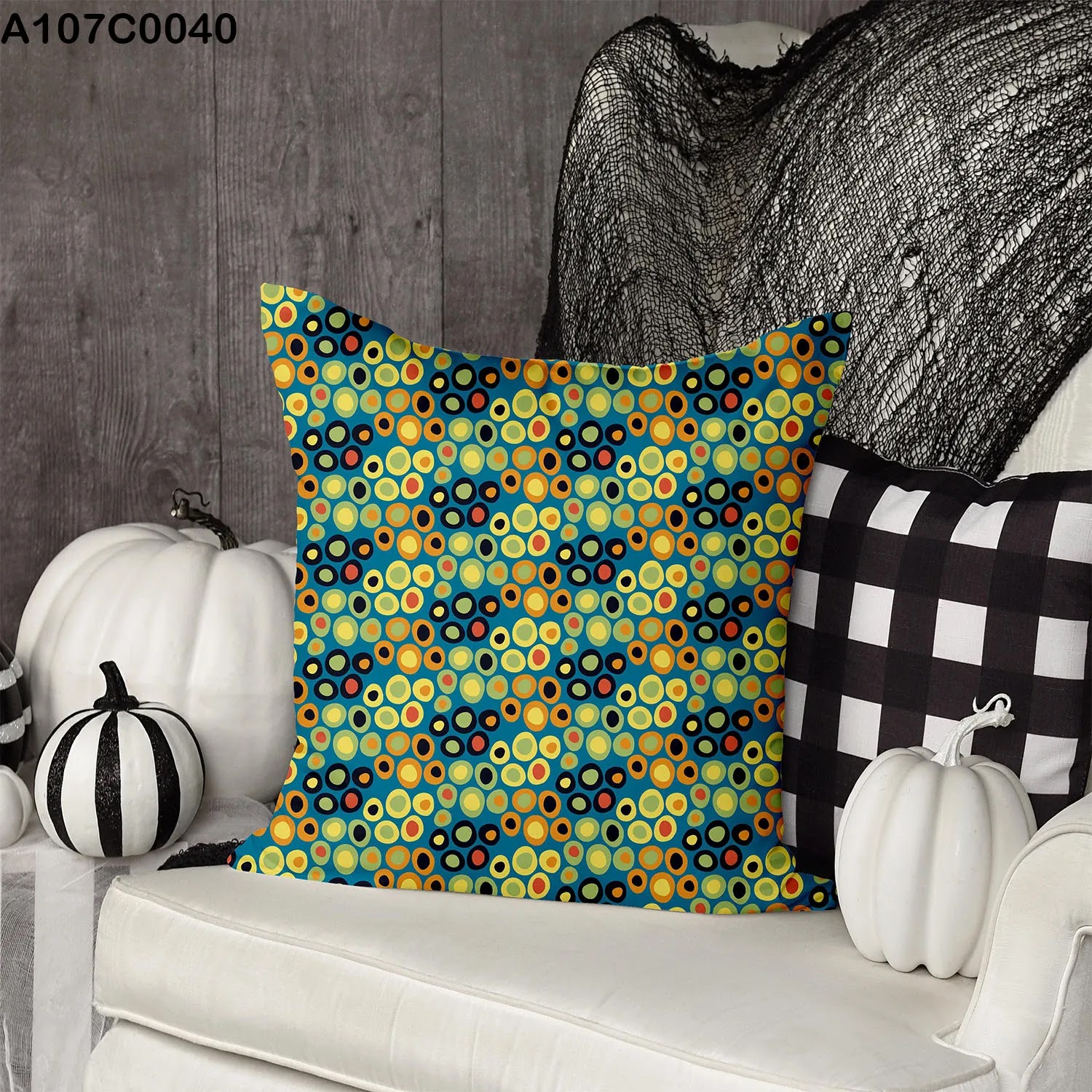 Dark blue pillow case with yellow & orange patches