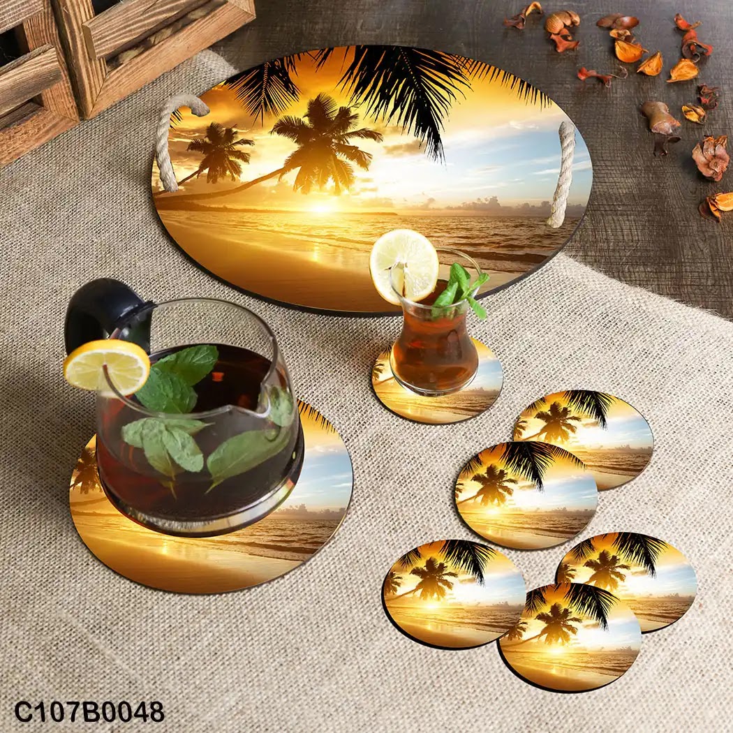 Circular tray set with a beach and palms view