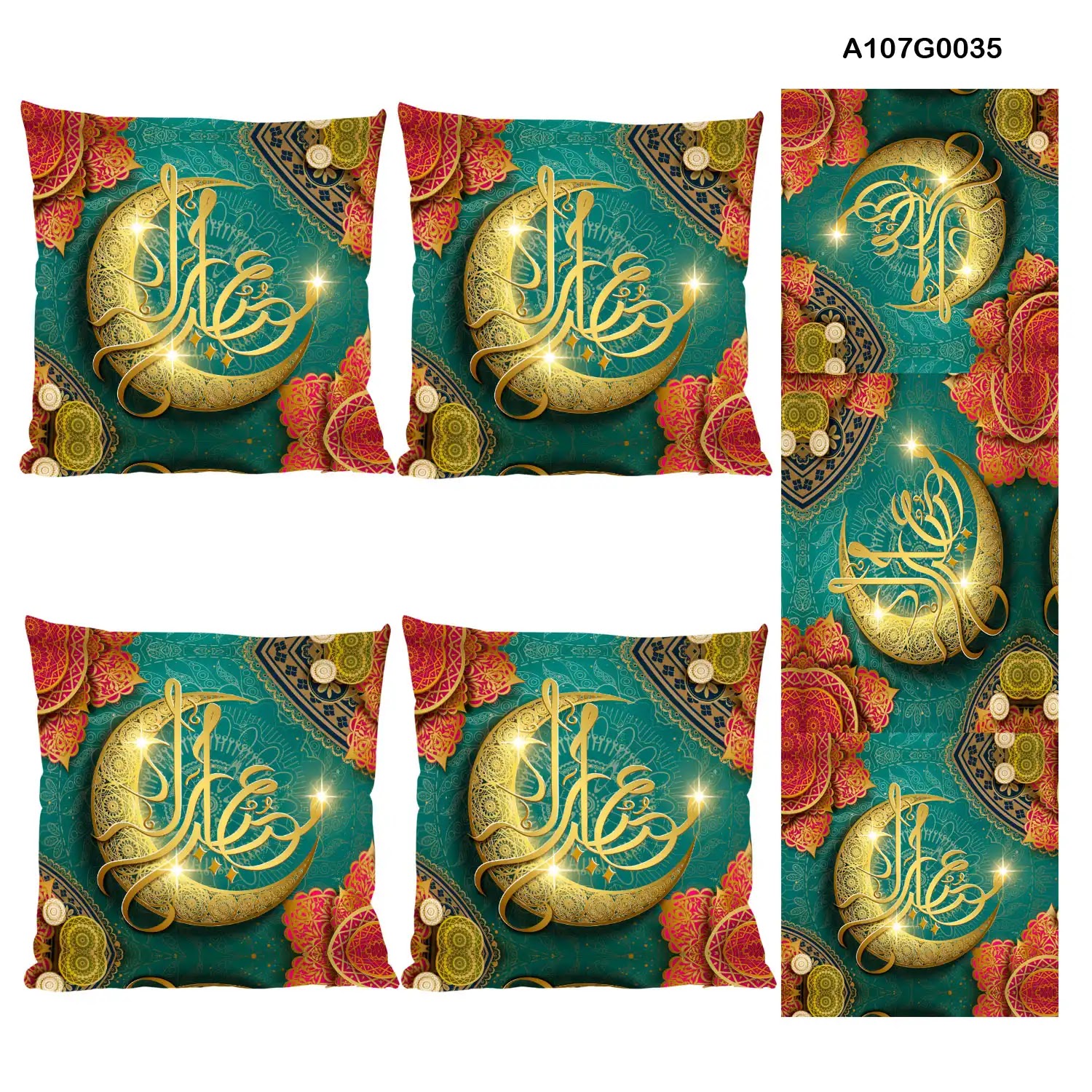Orange and green Pillow cover set & table runner with gold Ramadan Crescent drawing