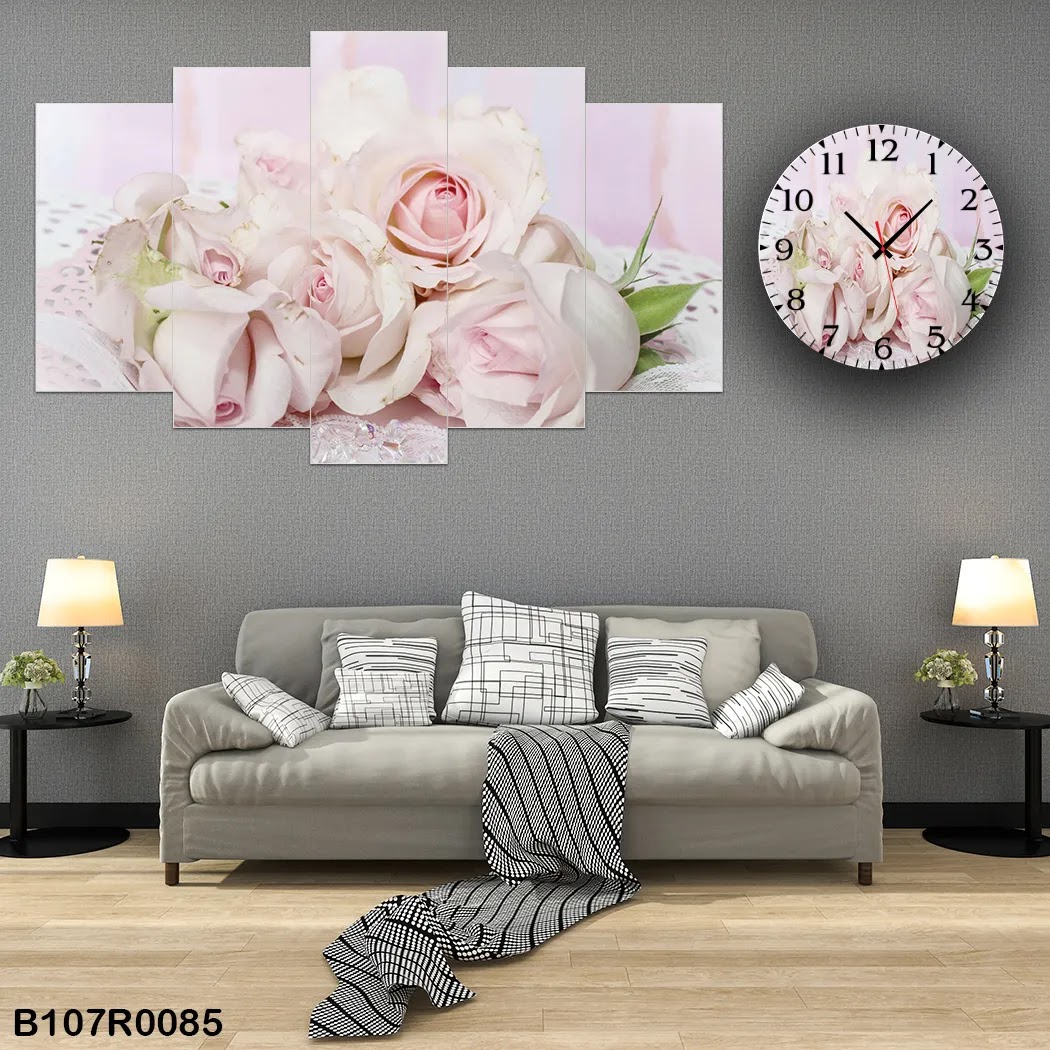 A clock and wall panel of pink flowers