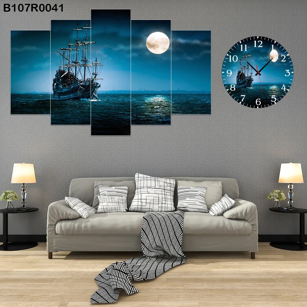 A clock and Wall panel with a boat in sea