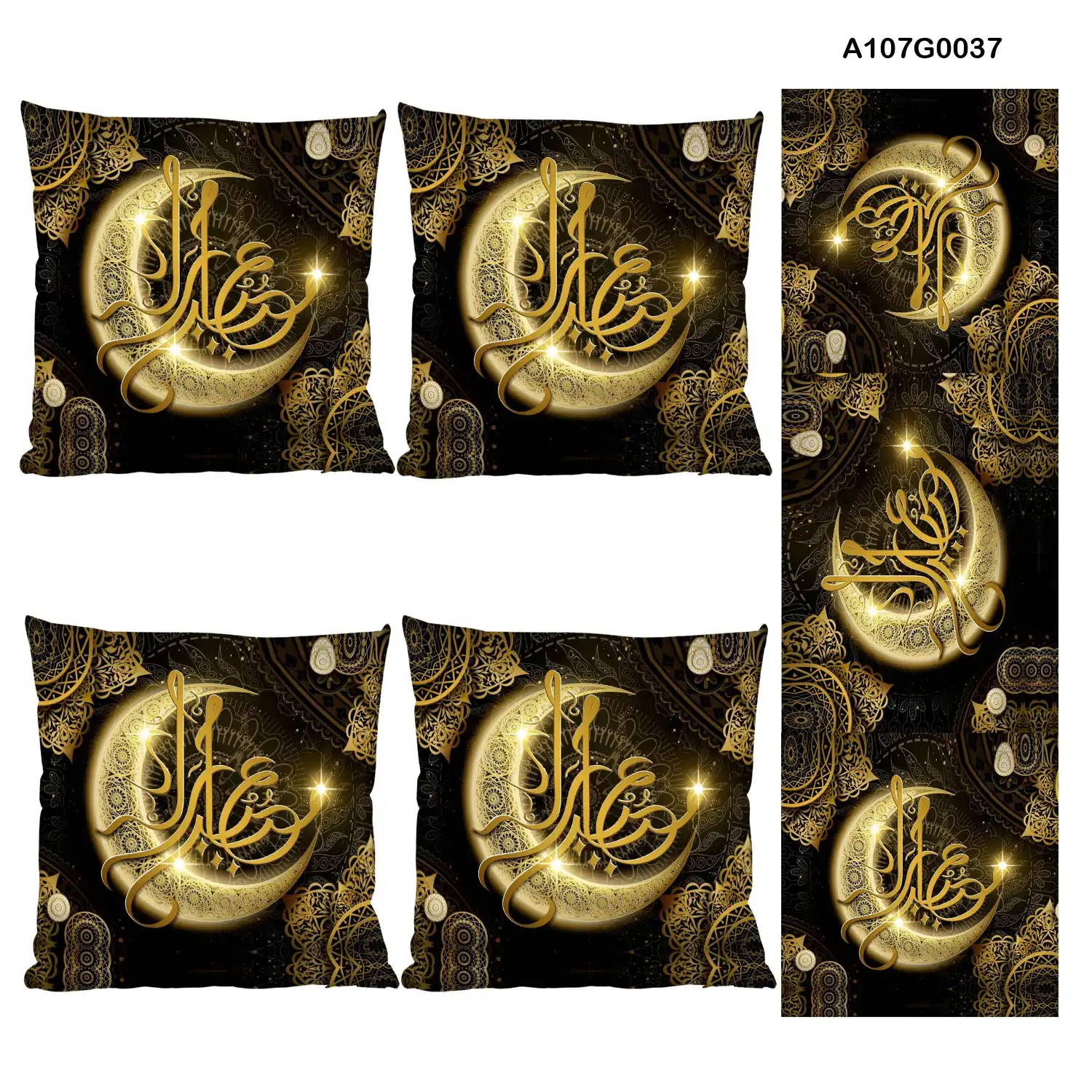 Black Pillow cover set & table runner with gold Ramadan Crescent drawing