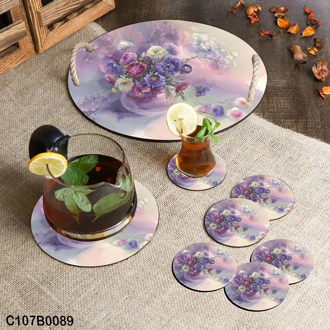 Pink and violet shades circular tray set with a vase and roses