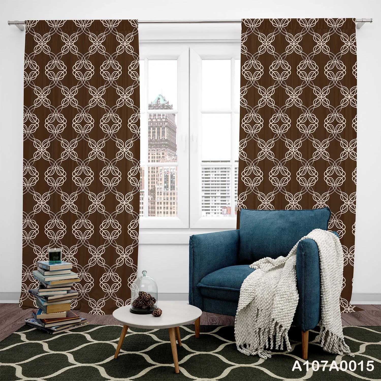 Curtains in brown with inscription for office, living and bed rooms