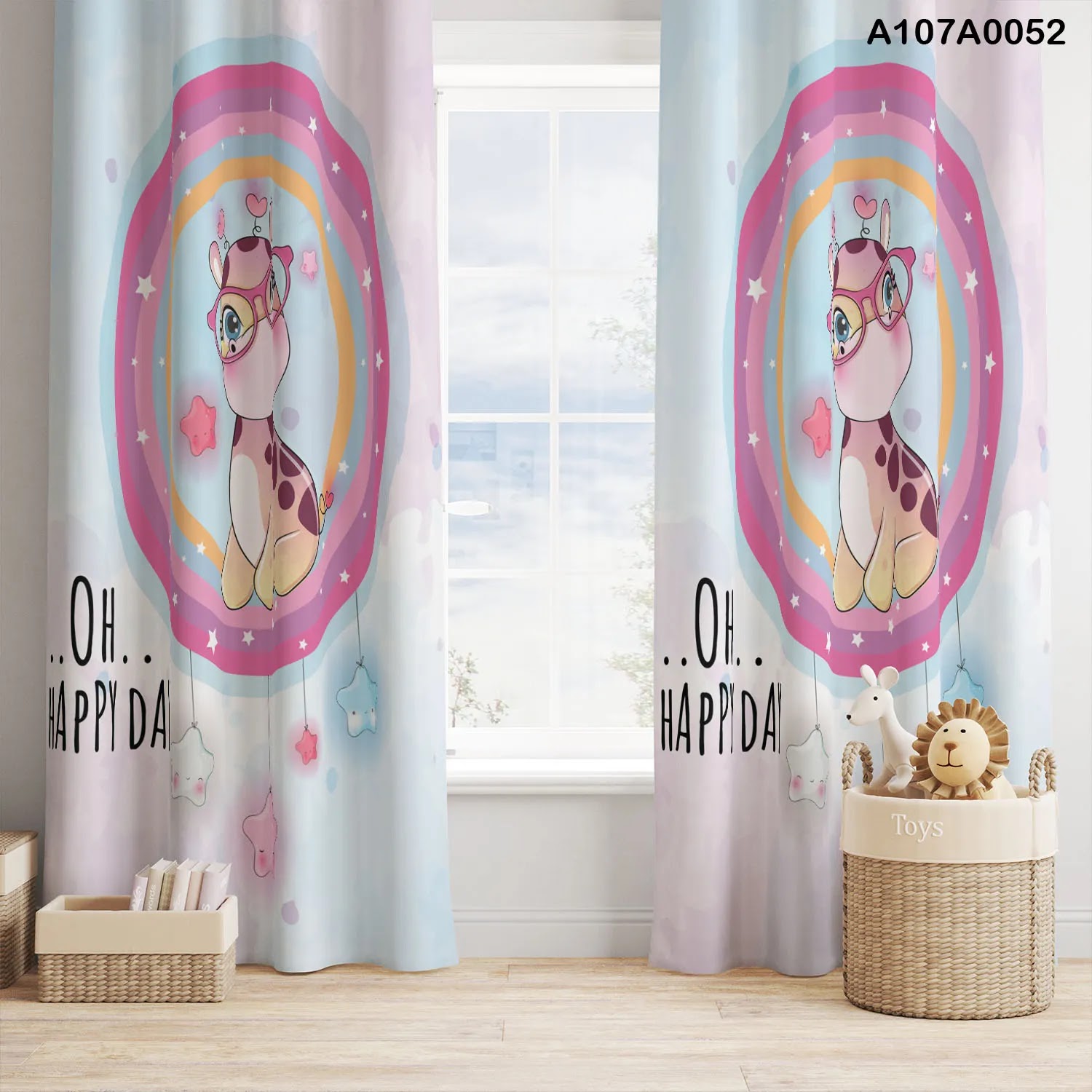Pink color curtains with giraffe for children room