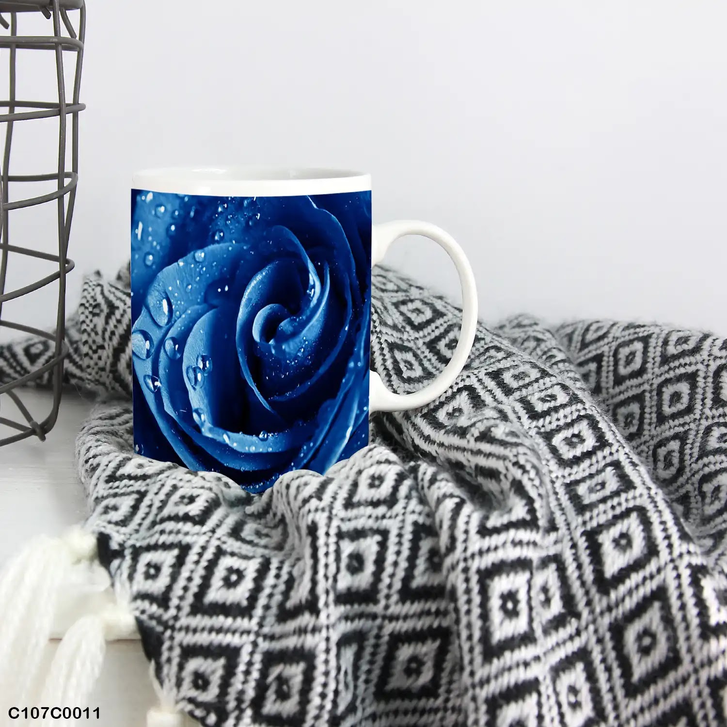A mug (cup) printed with an image of a blue rose