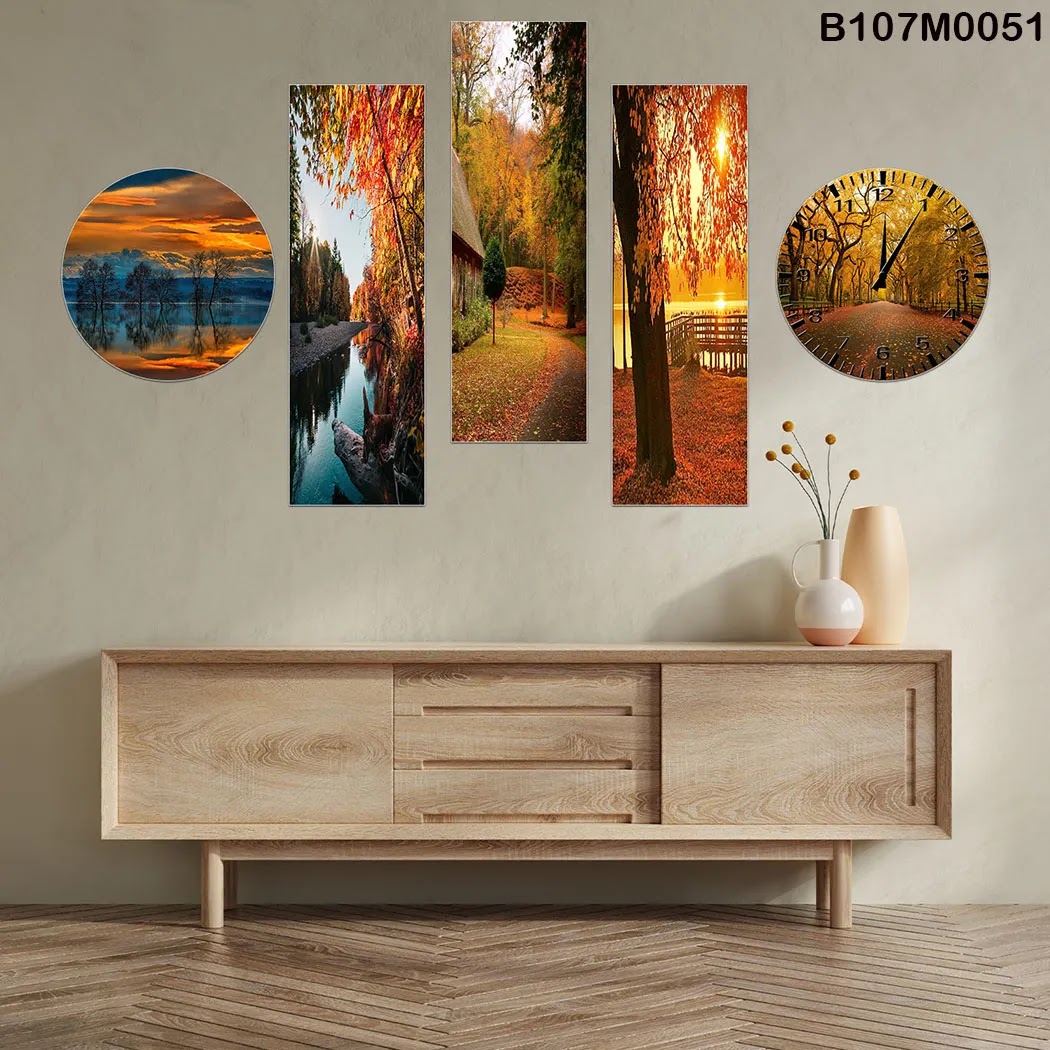 Triptych, clock and a circle with natural views of autumn forests