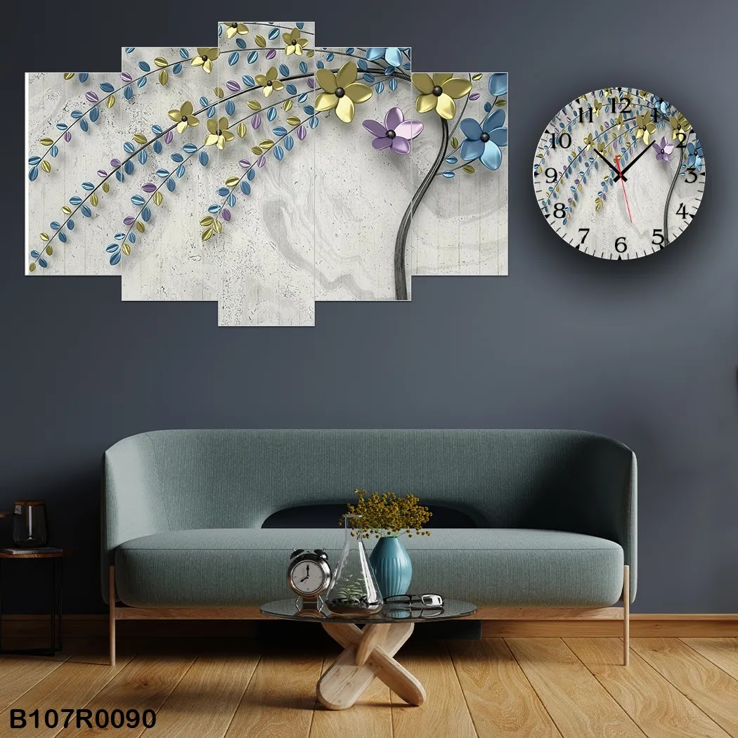 A clock and wall panel of colorful branch