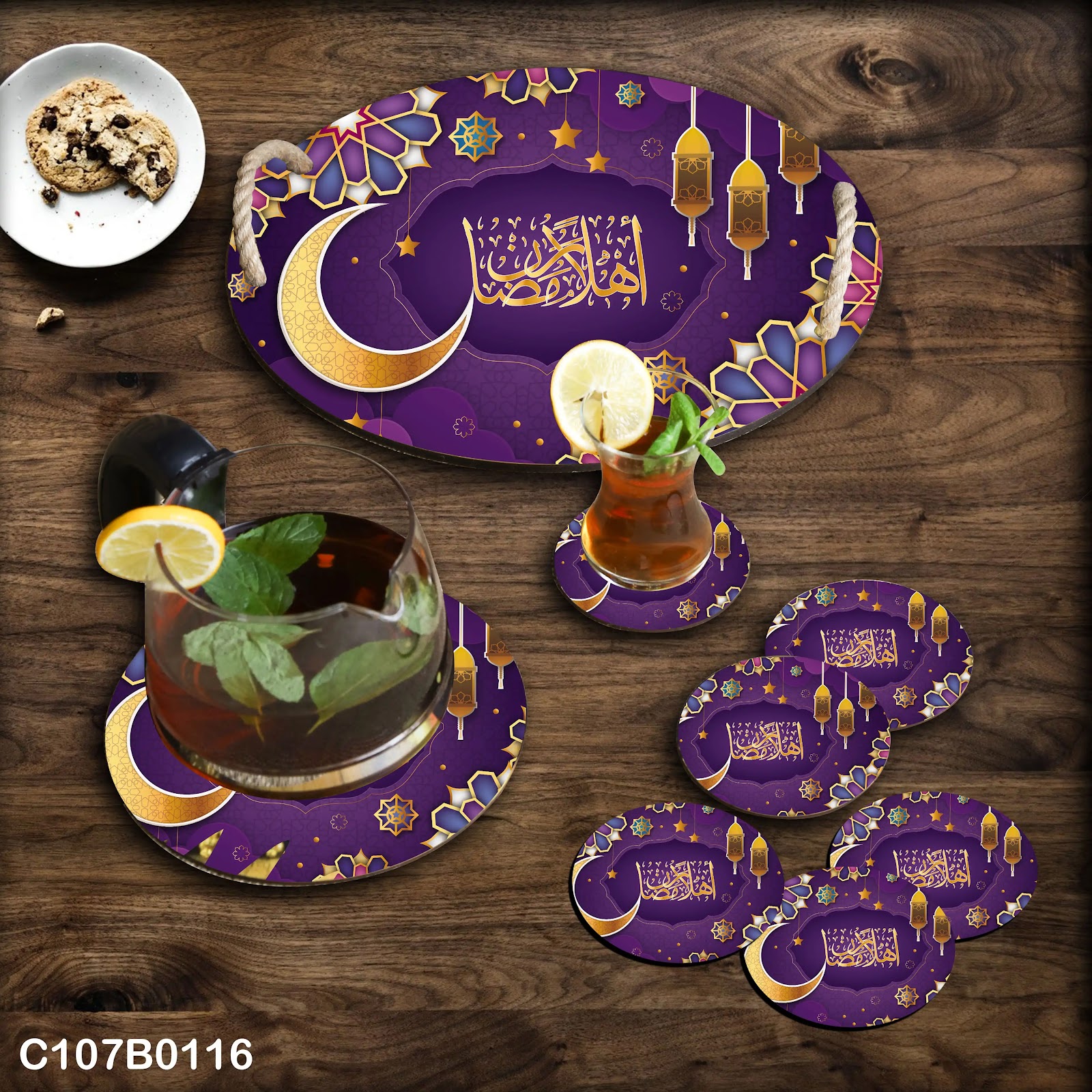 Violet Ramadan circular tray set with gold crescent