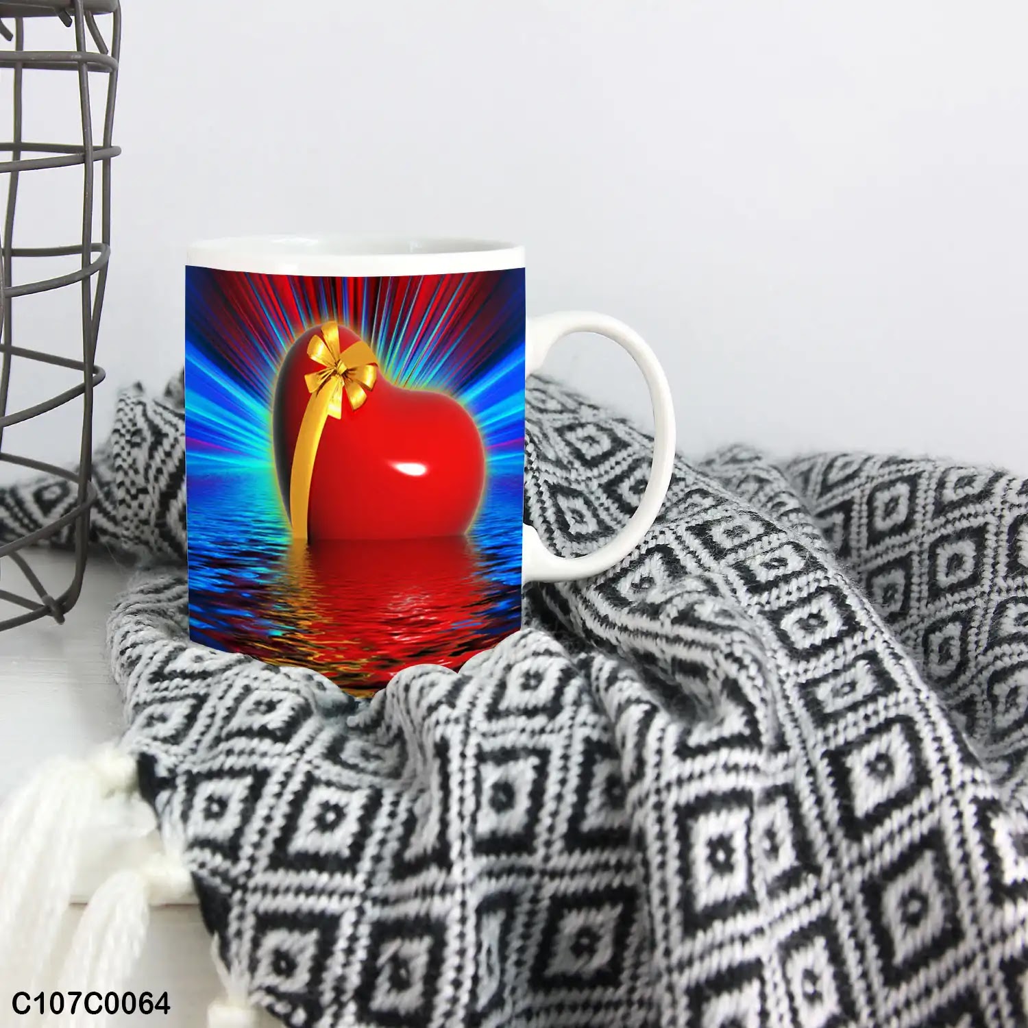 A mug (cup) printed with an image of a big red heart