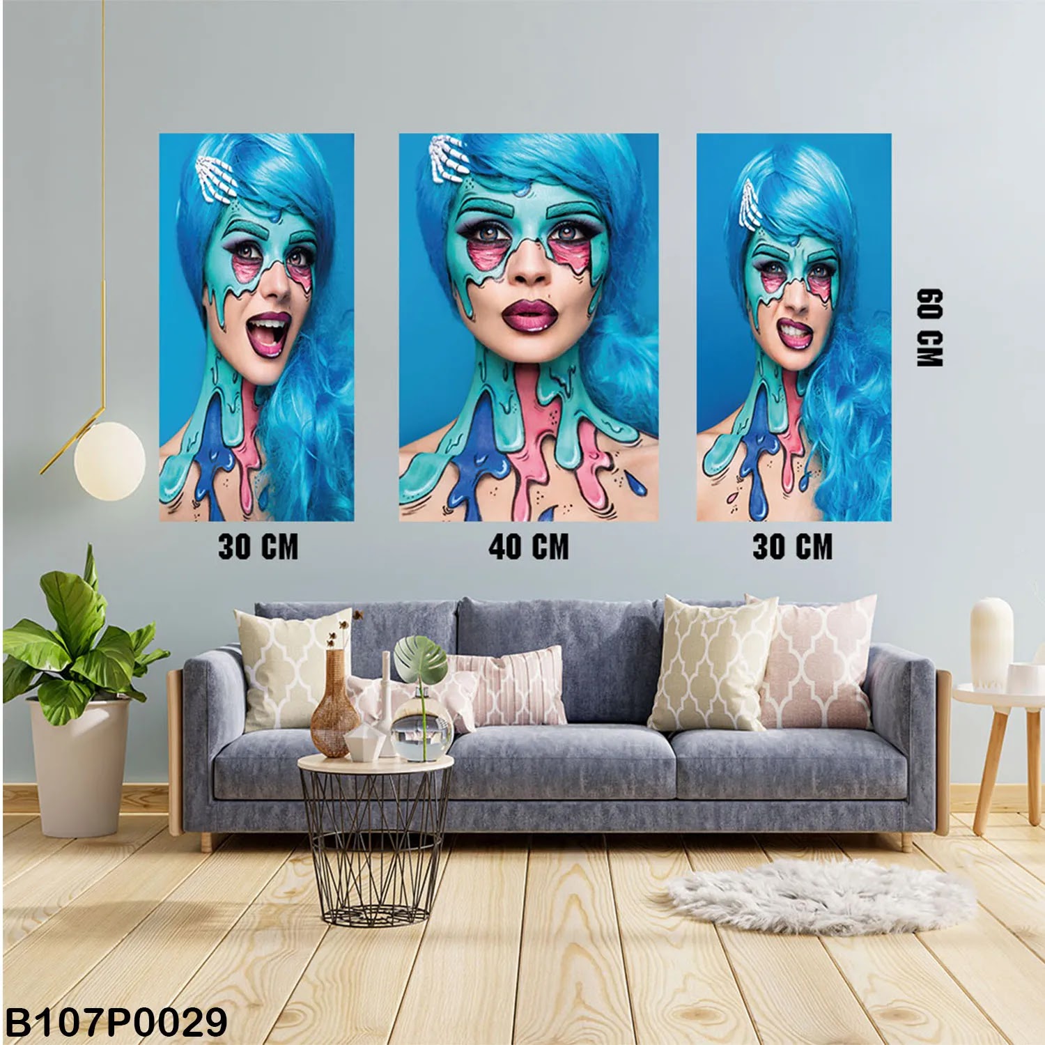 Triptych panel with a blue hair girl