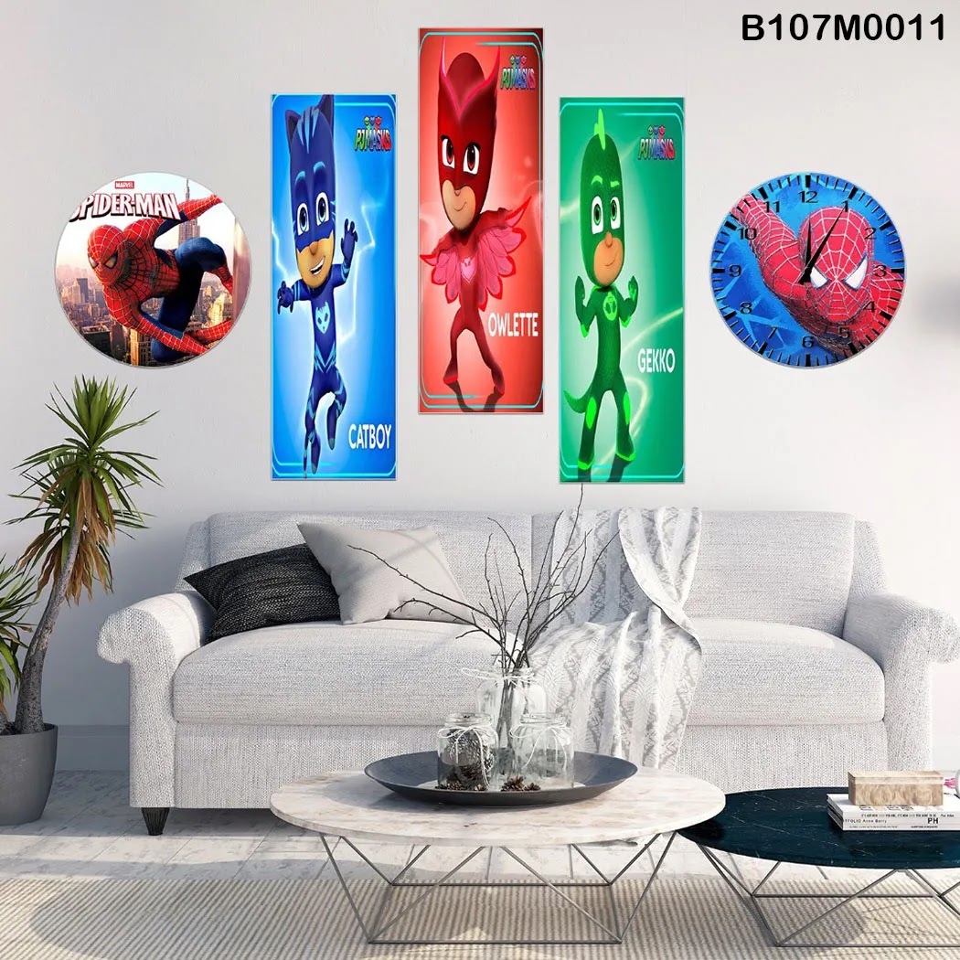 Triptych, clock and a circle for boys rooms with spiderman & catboy drawings