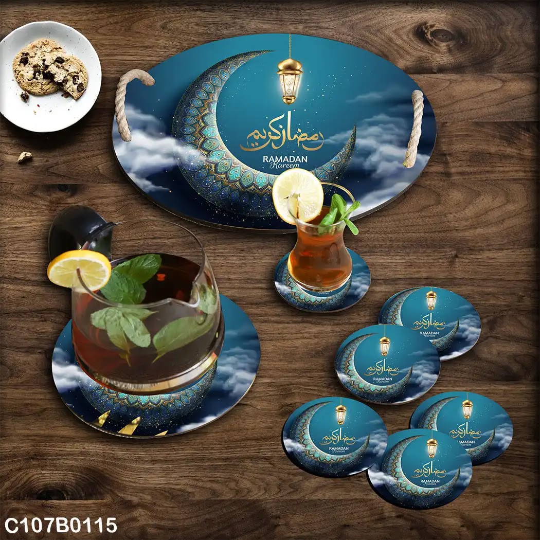 Blue Ramadan circular tray set with gold crescent