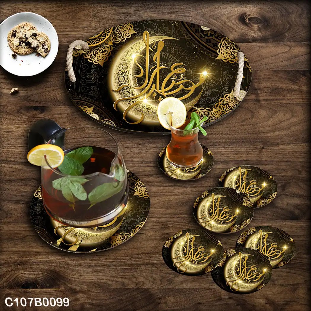 Black background Ramadan circular tray set with gold crescent