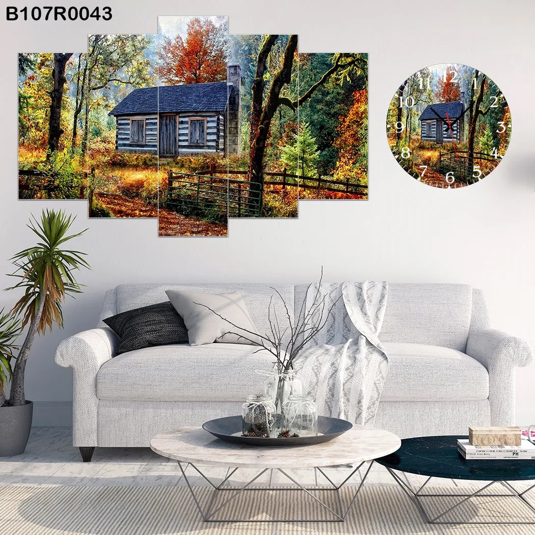 A clock and Large picture with cottage in the forest