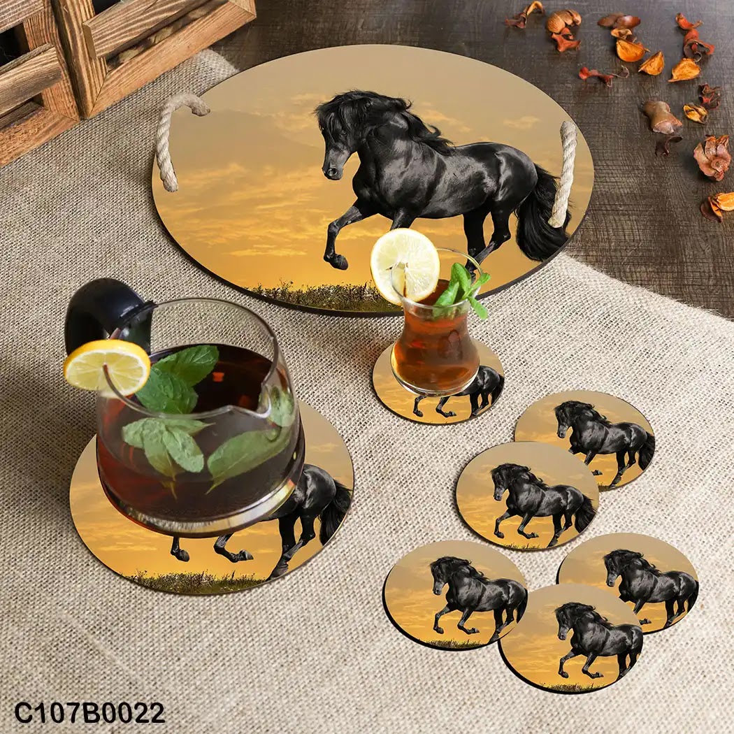 Circular tray set with running black horse