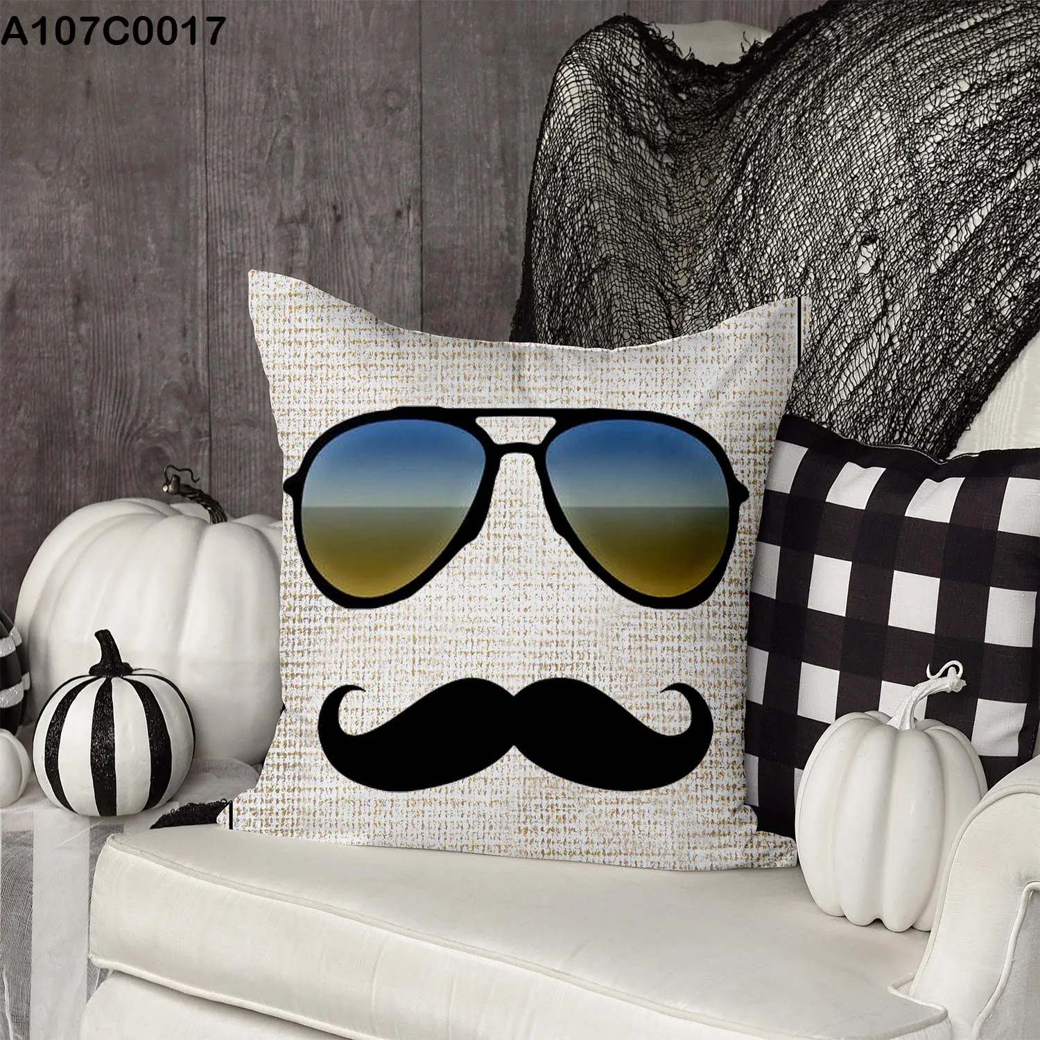 Pillow case with glasses and mustache drawing