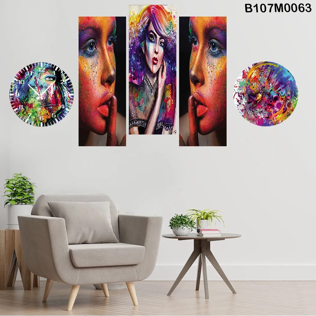 Triptych, clock and a circle with different shiny colored girls pictures