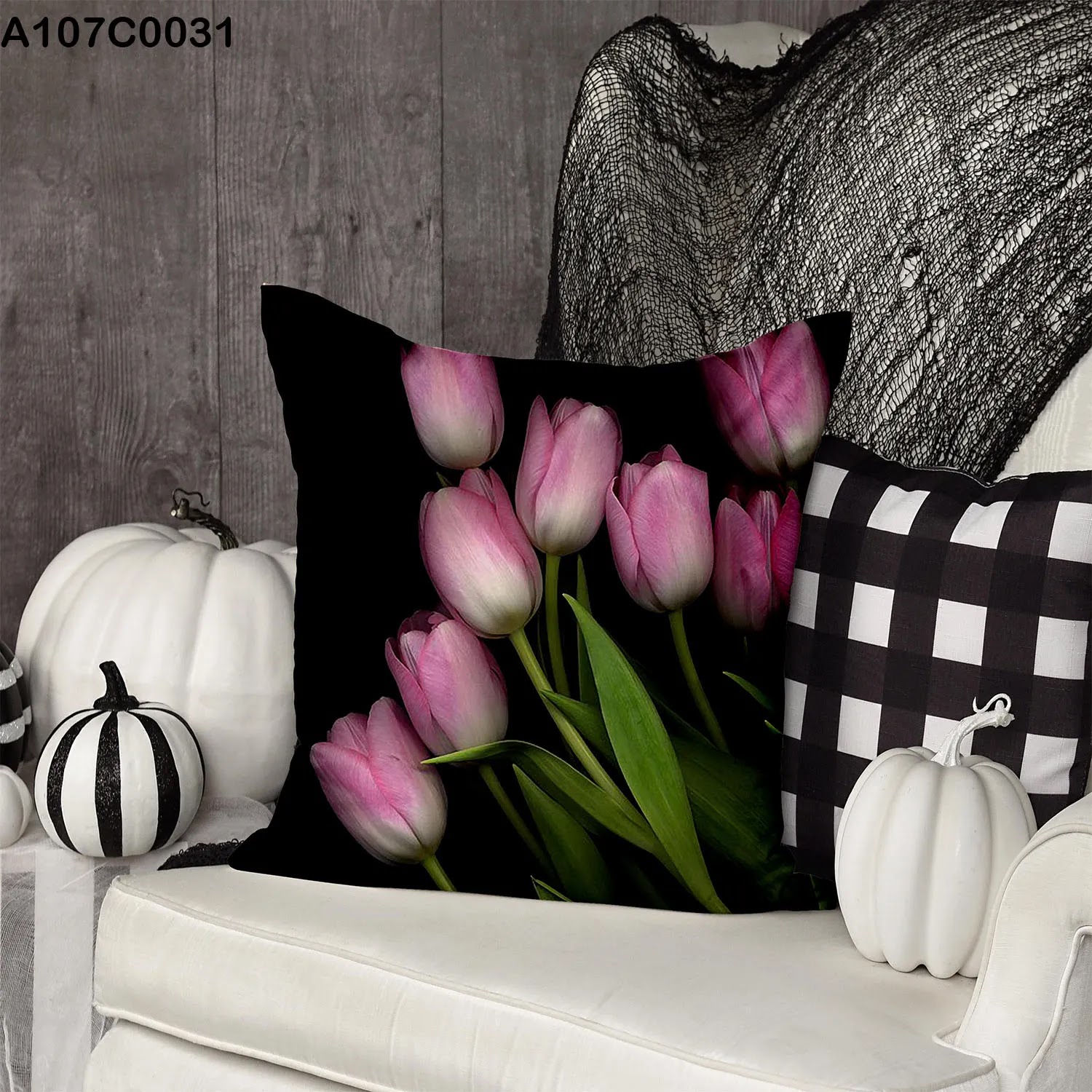 Black pillow case with pink tulips