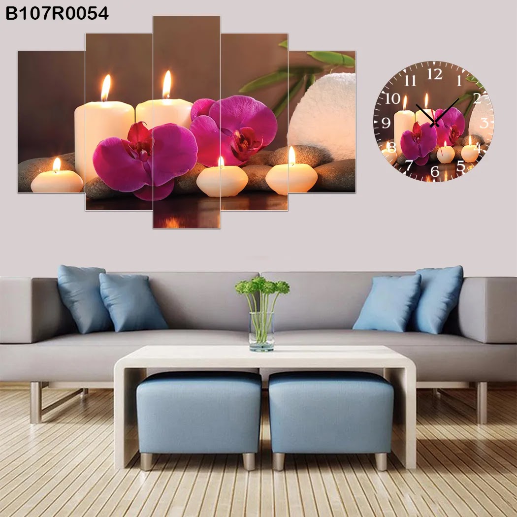 A clock and Large picture of roses and candles