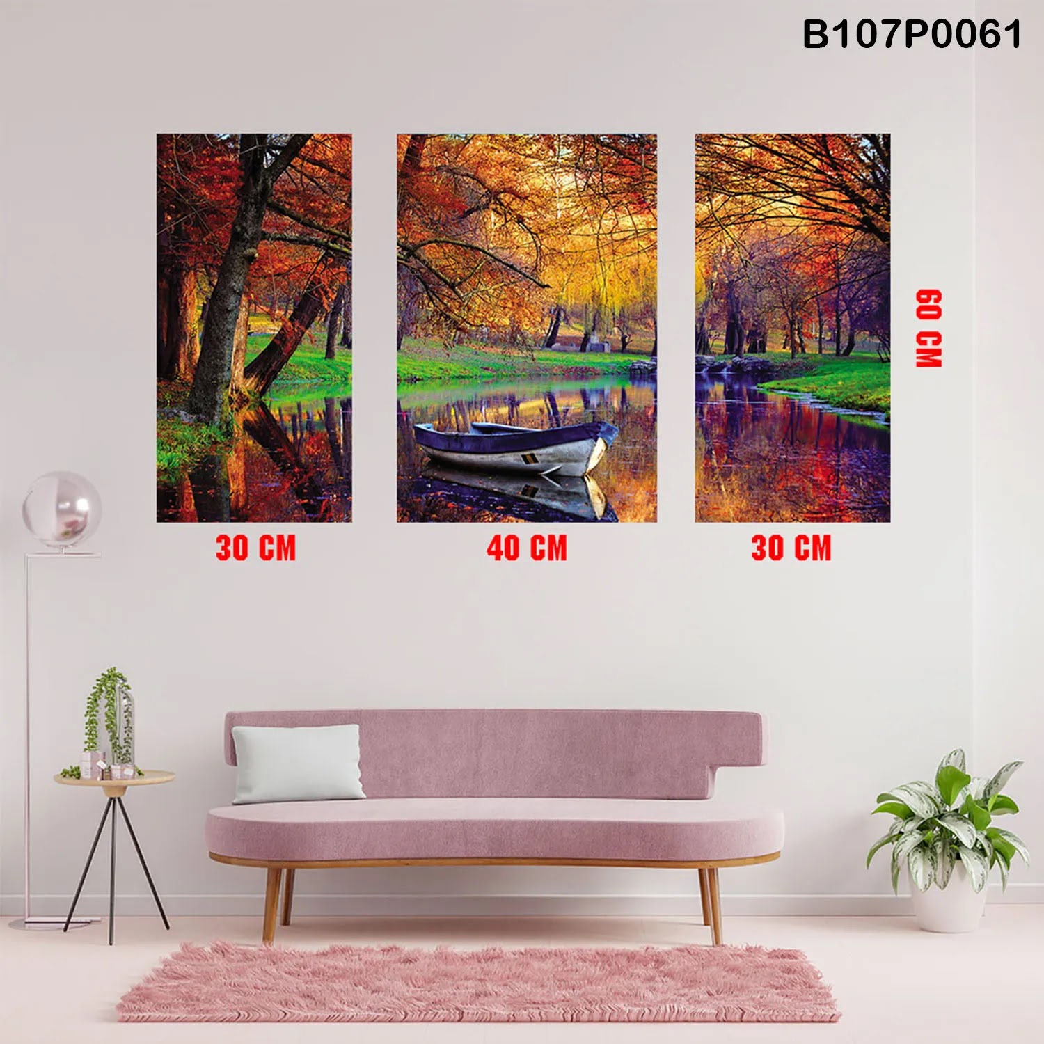 Triptych panel with a river and forest in autumn