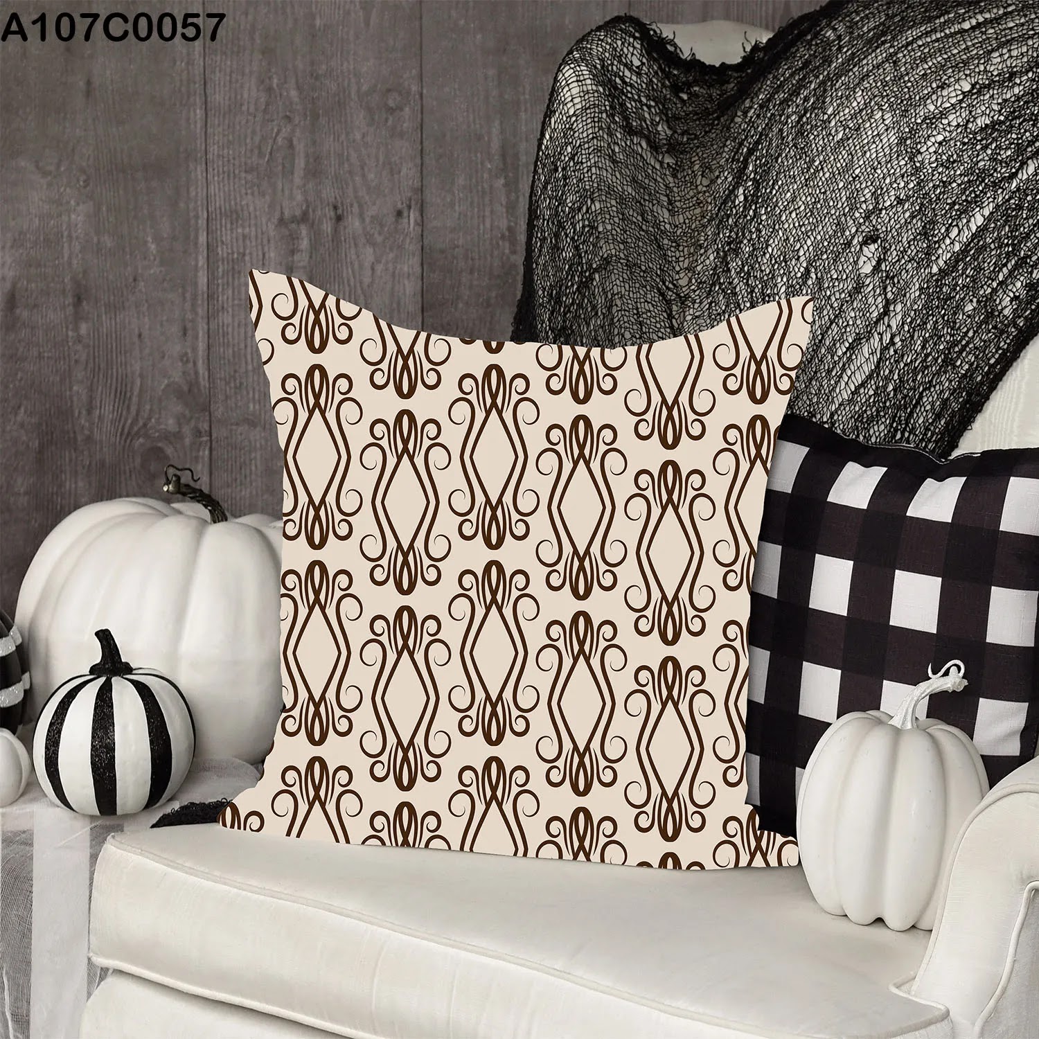 Brown pillow case with beige drawings