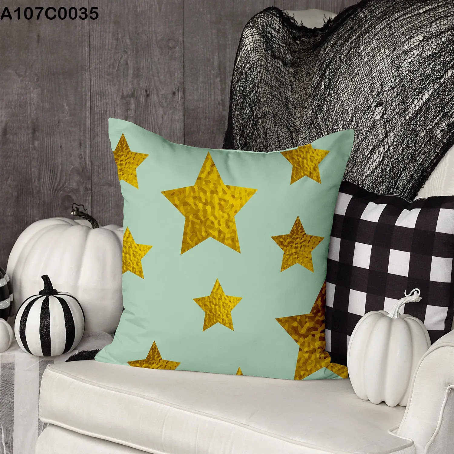 Light green pillow case with gold stars