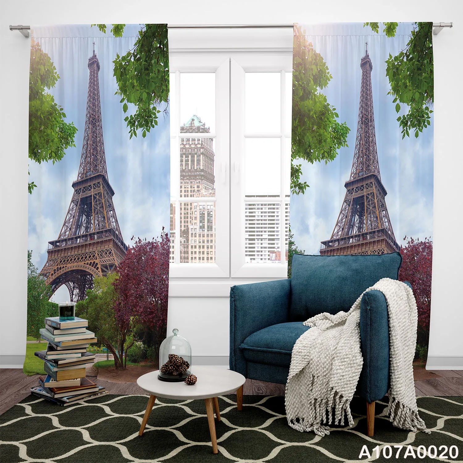 Curtains with natural view and Eiffel tower for office and living rooms