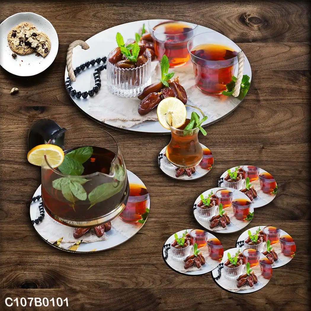 Circular tray set with tea cups and dates plate