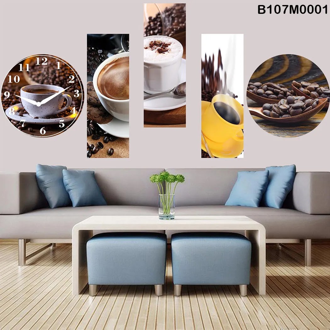 Triptych, clock and a circle with coffee beans & cups
