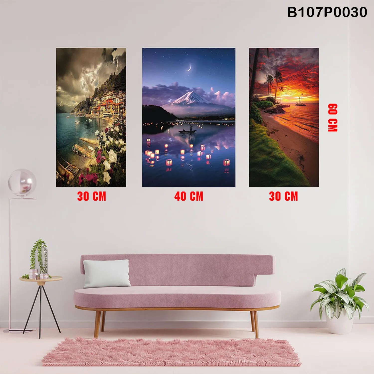 Triptych panel with the sunset, mountain and beach