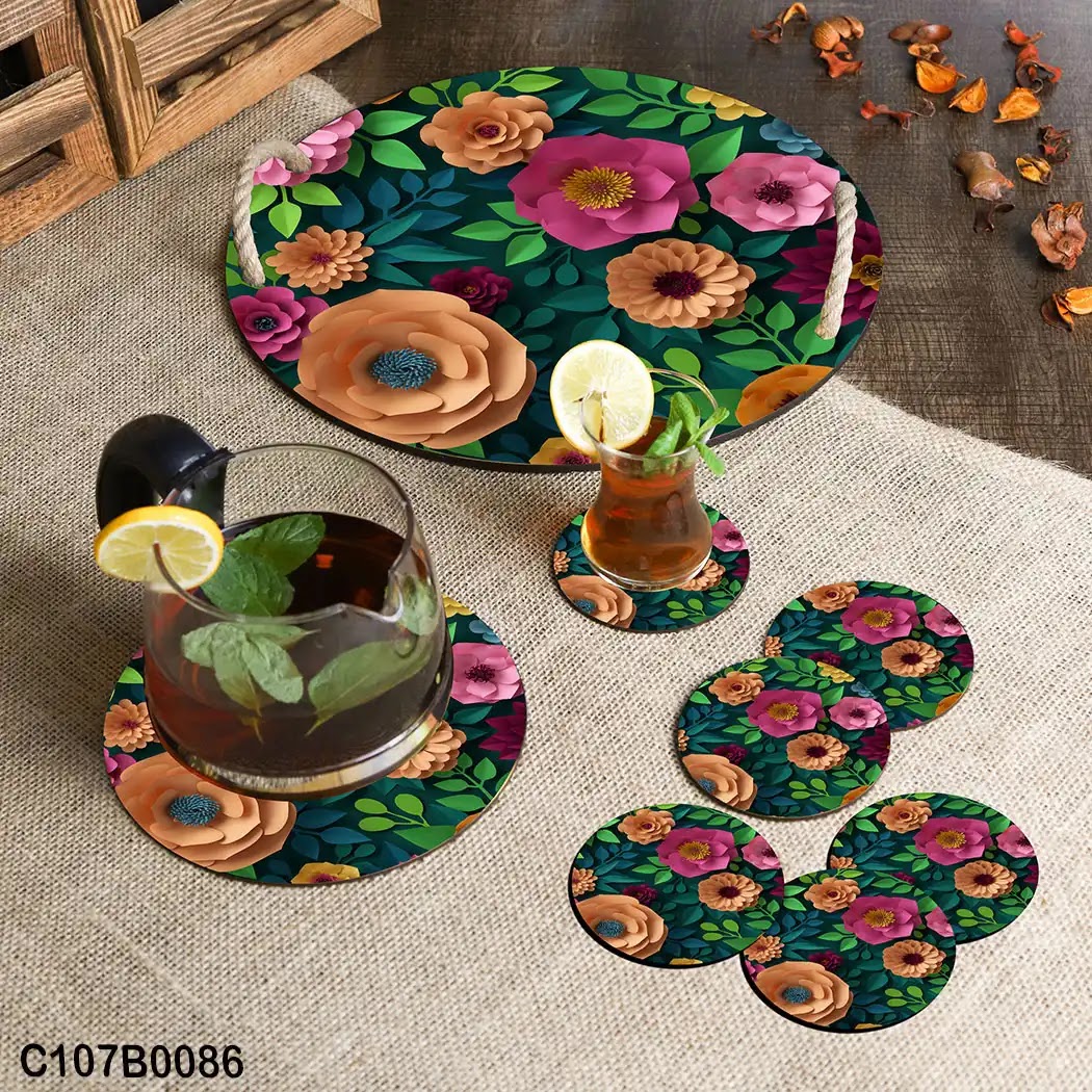 Dark green background circular tray set with colored roses