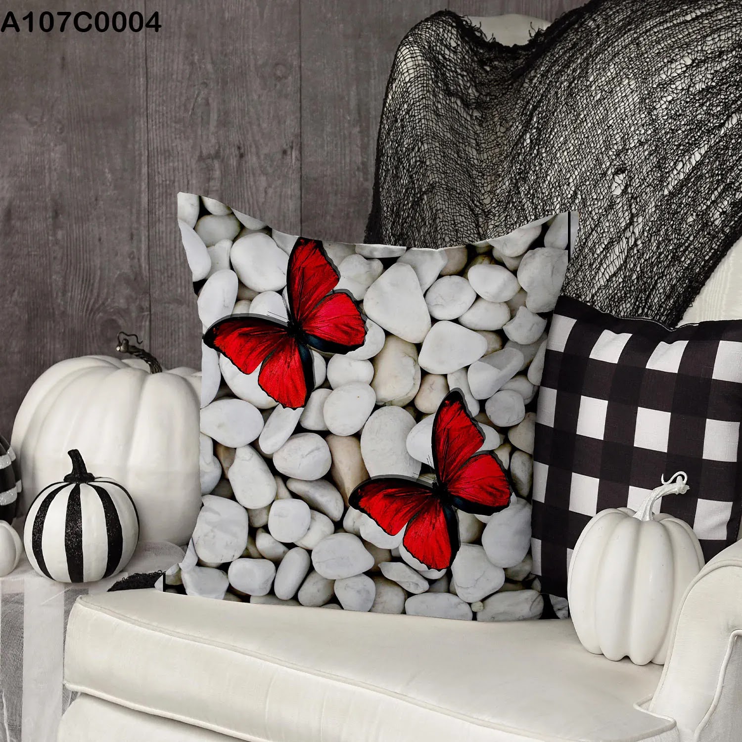 Pillow case with red Butterflies and white pebbles