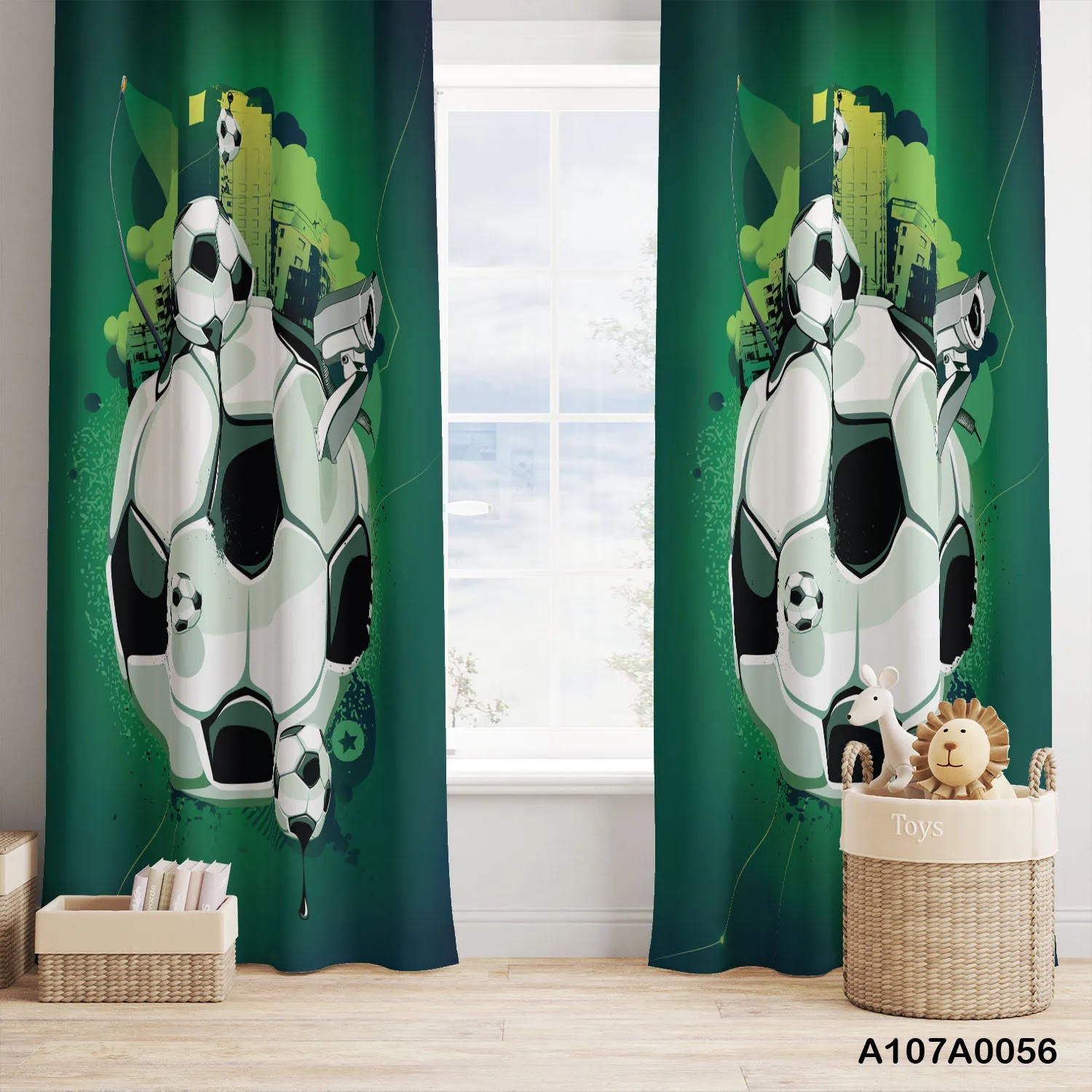 Football with green color curtains for boys room