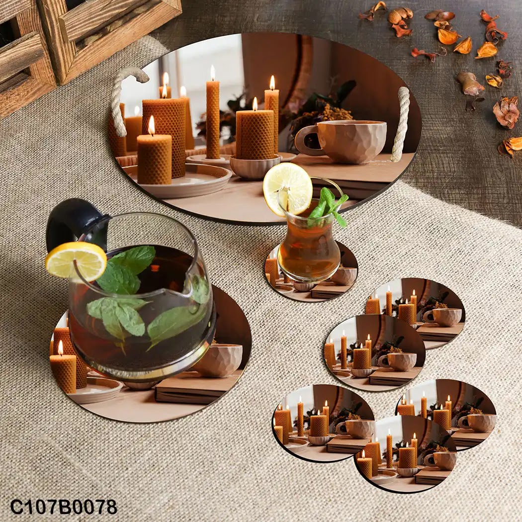 Circular tray set with a table and brown candles view