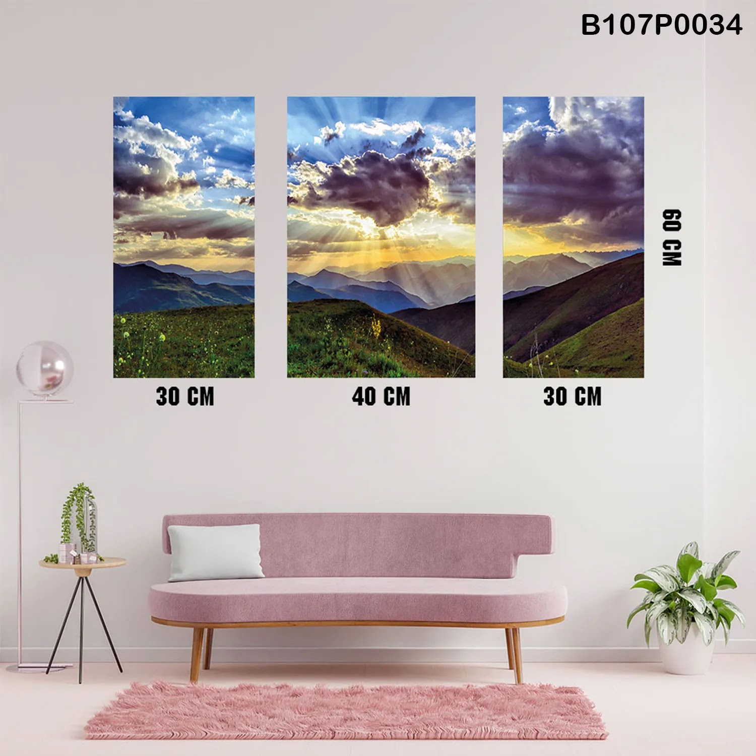 Triptych panel with clouds, mountains and sun