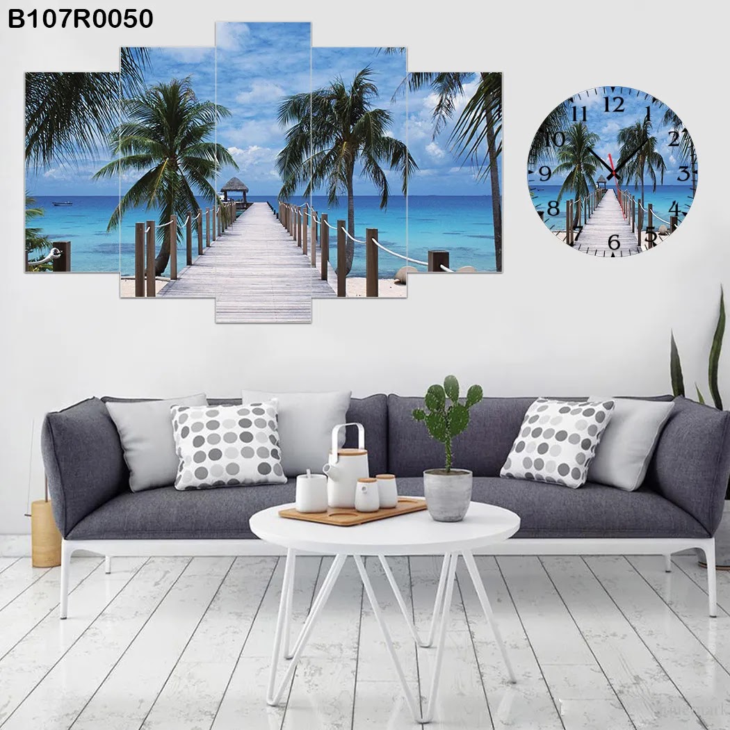A clock and Picture with palm trees and boardwalk view