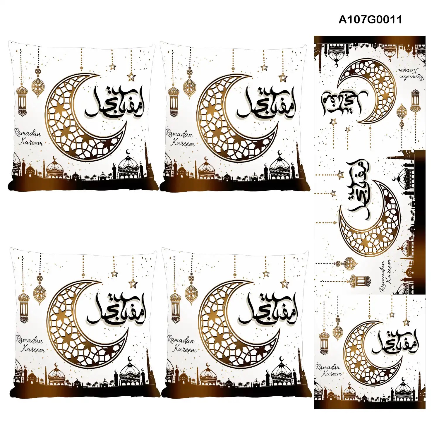 White Pillow cover set & table runner with brown mosque for Ramadan