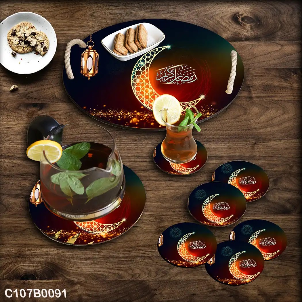 Ramadan circular tray set with lantern and crescent