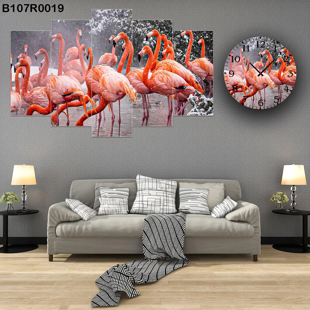 A clock and Large picture with flamingo bird view