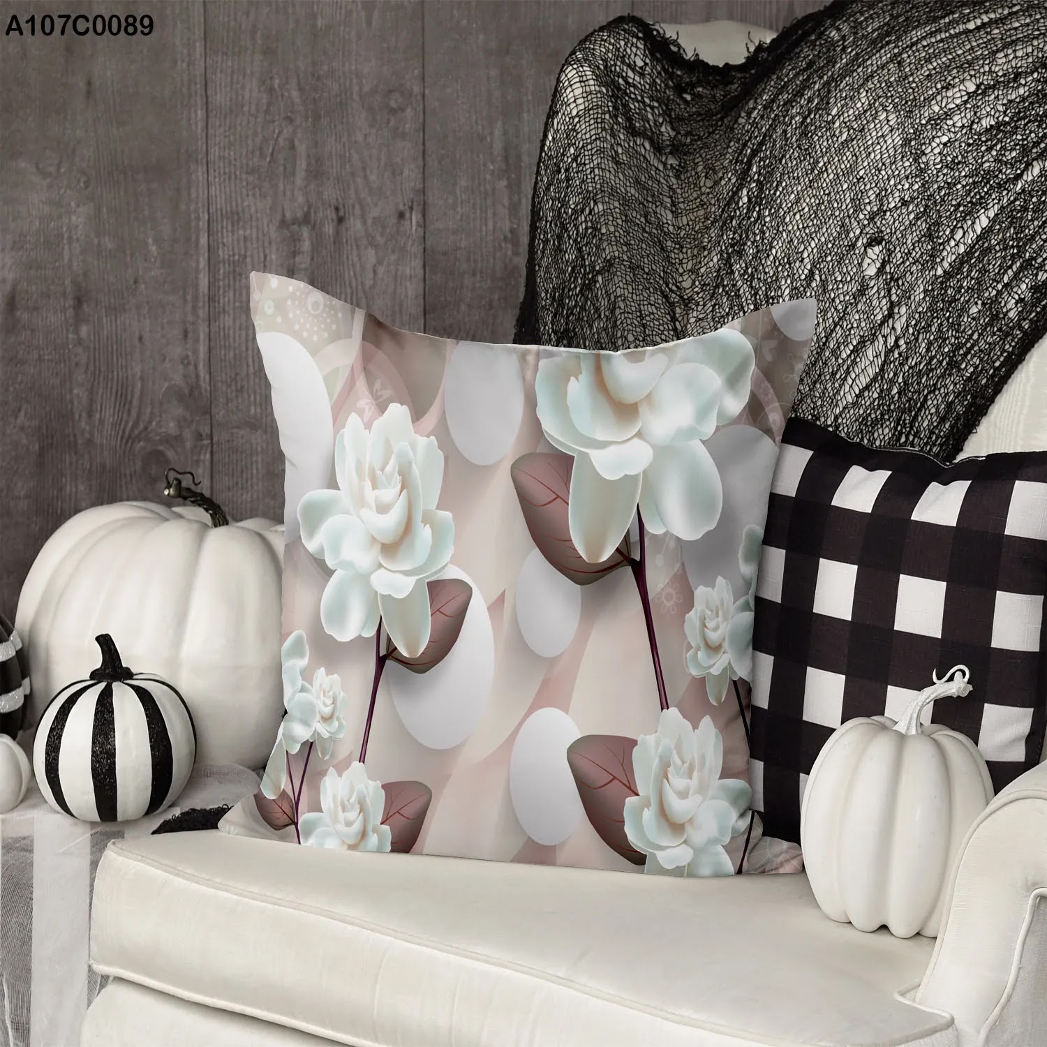Beige pillow case with white roses & brown leaves