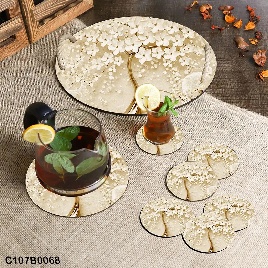 Circular tray set with small white flowers tree