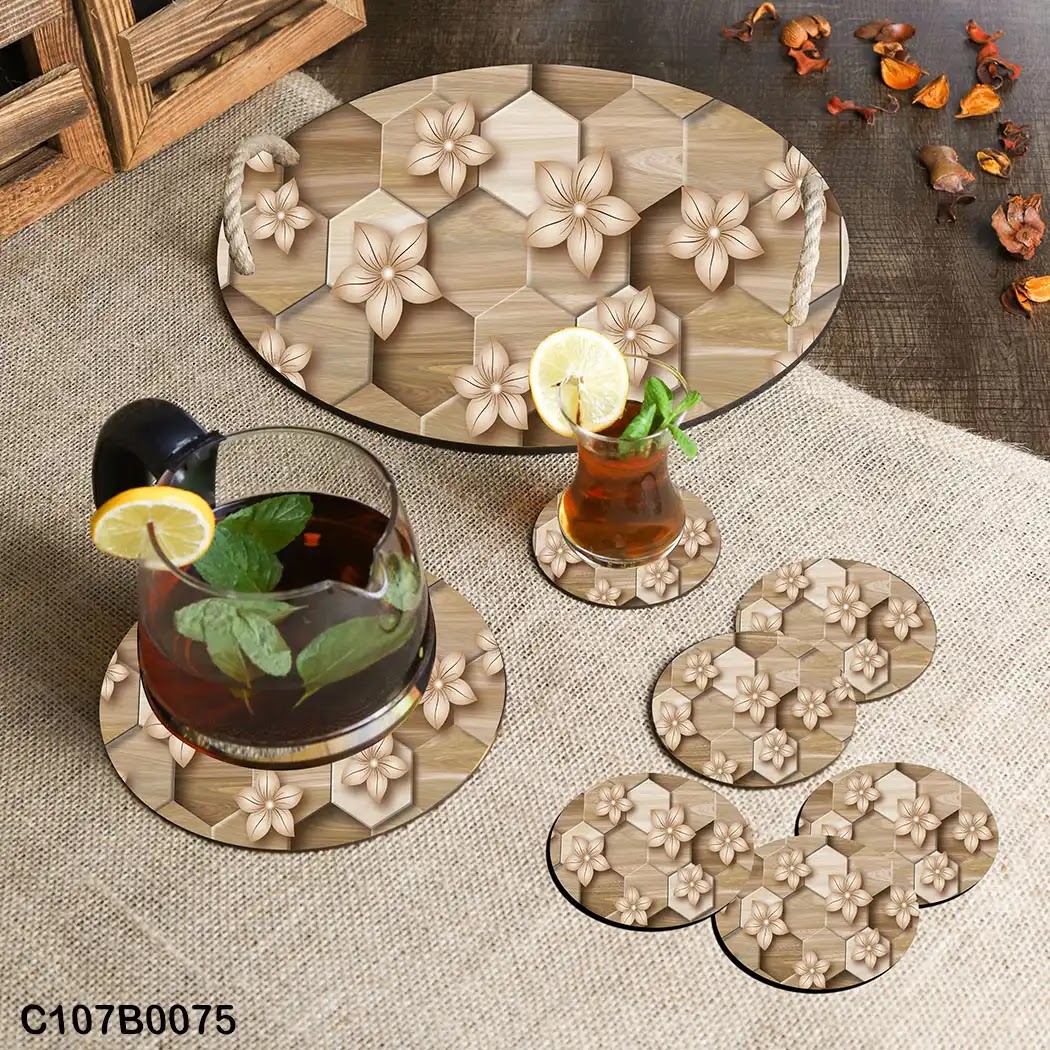 Circular tray set with wood and roses