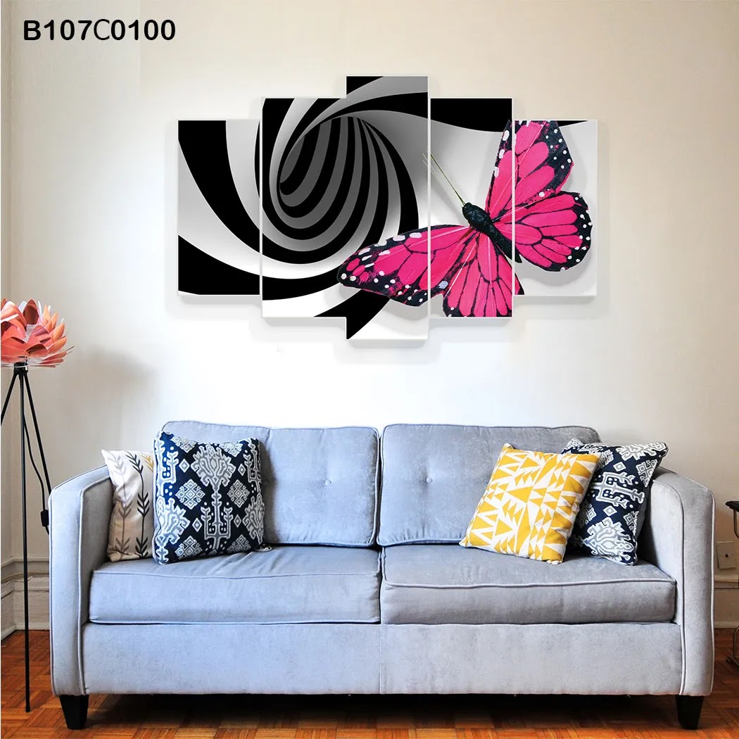 White and black striped pentagonal plate with big pink butterfly