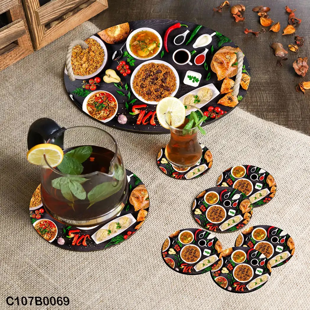 Circular tray set with food picture