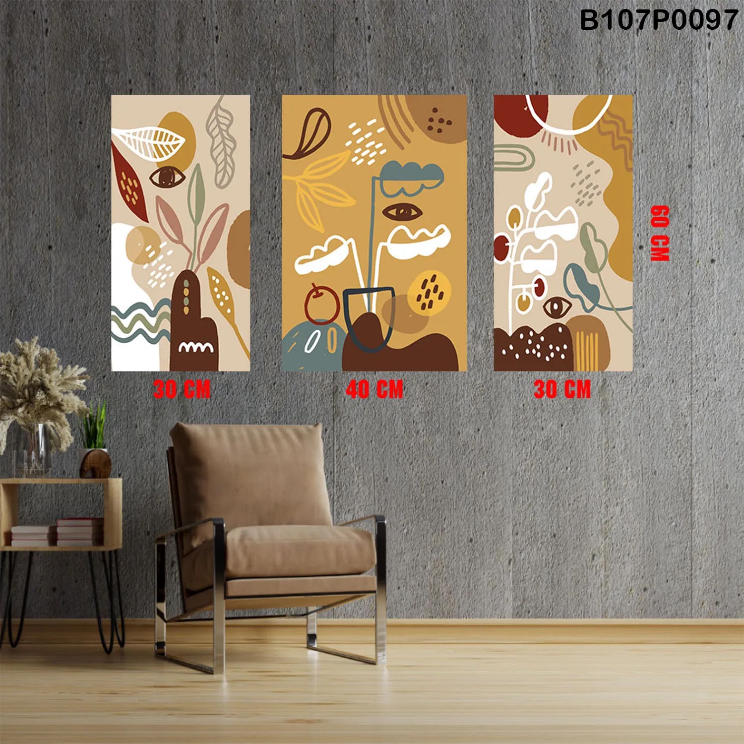Triptych panel with brown colored shapes