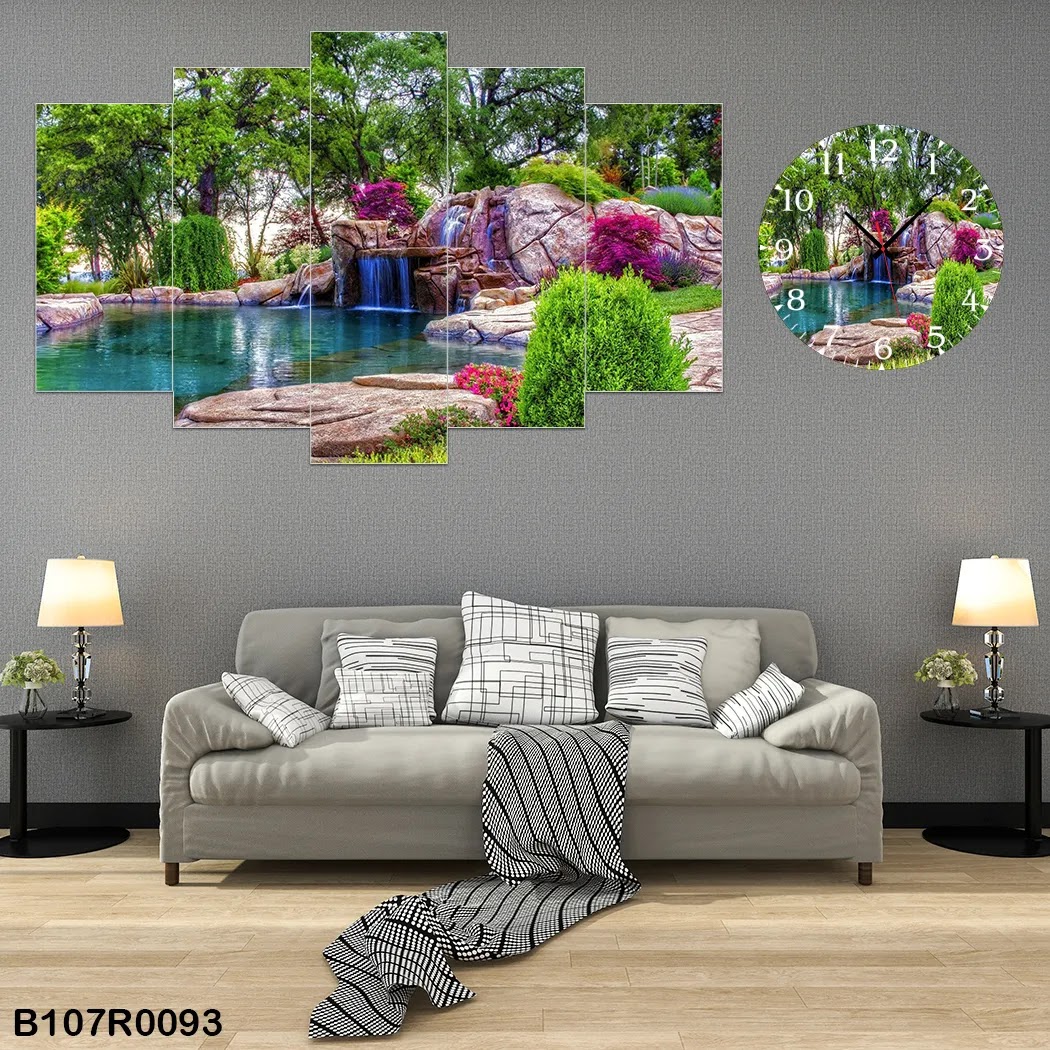 A clock and picture with flowers and waterfall view