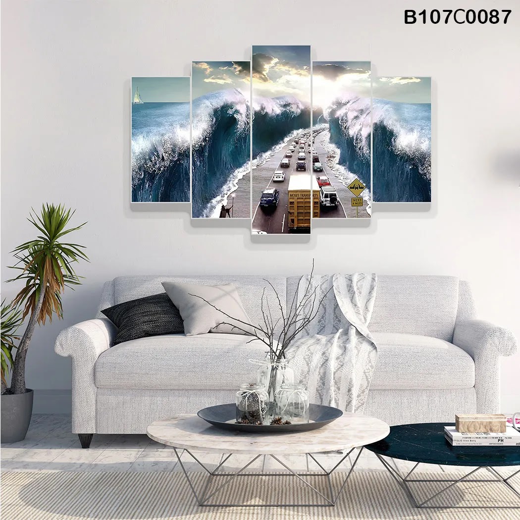 pentagonal plate with Fantasy picture of Highway cars across the sea and waves