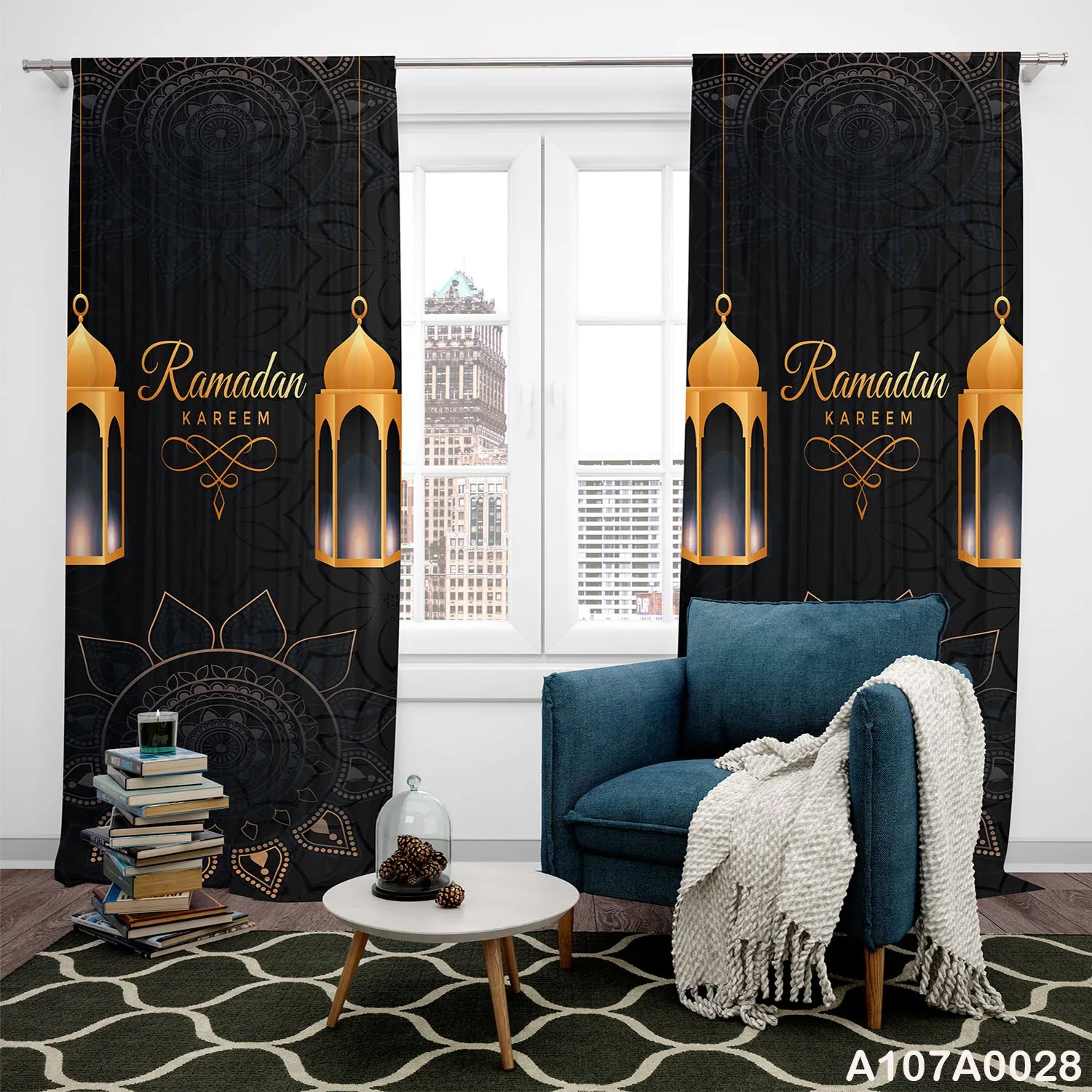 Curtains in black with gold Ramadan lantern
